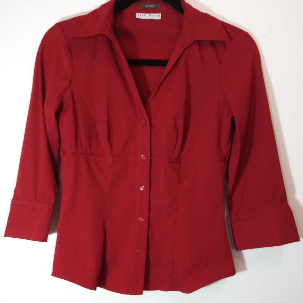 Women's Fred David Tapered Button Down Mid Sleeve Red Blouse Top #W-115